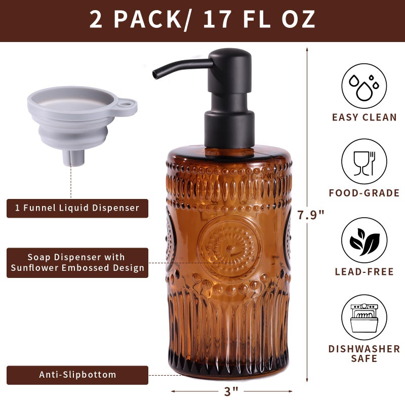 simeitol 17 OZ Sunflower Embossed Glass Soap Dispenser - 2 Pack, with 304 Rust Proof Stainless Steel Pump, Glass Soap and Lotion Dispenser Set, Liquid Hand Soap Dispenser for Home, Kitchen & Bathroom (Amber) - Image 2