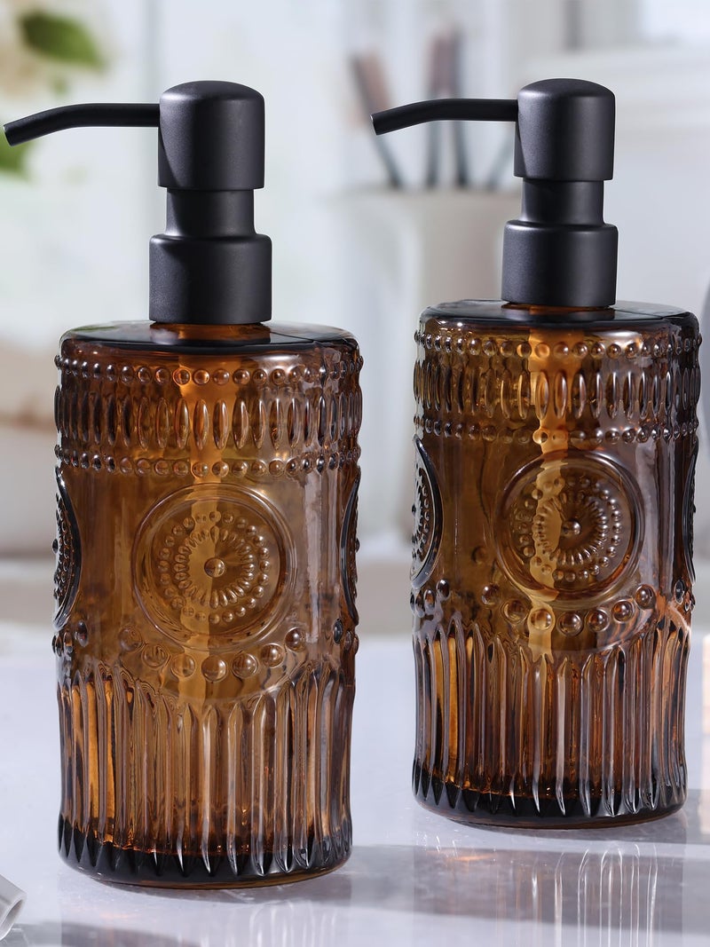 simeitol 17 OZ Sunflower Embossed Glass Soap Dispenser - 2 Pack, with 304 Rust Proof Stainless Steel Pump, Glass Soap and Lotion Dispenser Set, Liquid Hand Soap Dispenser for Home, Kitchen & Bathroom (Amber) - Image 1
