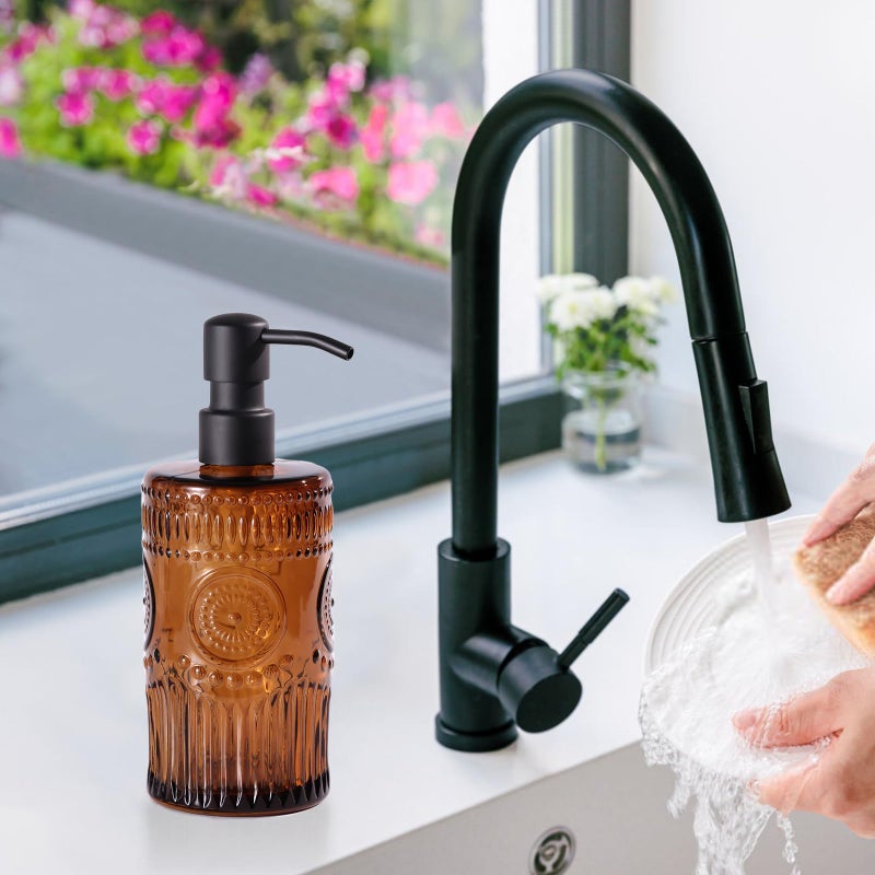 simeitol 17 OZ Sunflower Embossed Glass Soap Dispenser - 2 Pack, with 304 Rust Proof Stainless Steel Pump, Glass Soap and Lotion Dispenser Set, Liquid Hand Soap Dispenser for Home, Kitchen & Bathroom (Amber) - Image 4