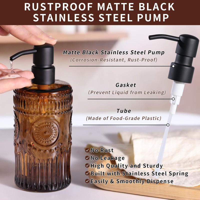 simeitol 17 OZ Sunflower Embossed Glass Soap Dispenser - 2 Pack, with 304 Rust Proof Stainless Steel Pump, Glass Soap and Lotion Dispenser Set, Liquid Hand Soap Dispenser for Home, Kitchen & Bathroom (Amber) - Image 5