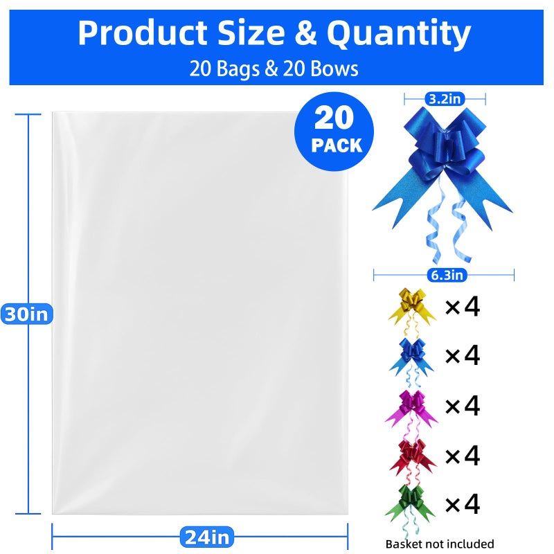 Homrelaxy 20 Pcs 24 x 30 Inches Cellophane Bags for Gift Baskets with 20 Colorful Pull Bows, Plastic Clear Basket Bags, Cellophane Wrap for Gift Baskets for Birthday, Wedding, Thanksgiving - Image 2