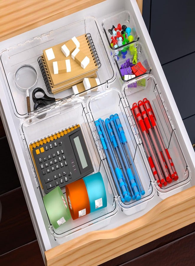 Hiitytin 14 Pcs Clear Drawer Organizer, Adjustable Drawer Storage Box, 3-Size Desk Drawer Organizer, Acrylic Storage Bins for Makeup, Cosmetic, Kitchen Utensils, Bedroom Dressers Tool Organizer for Gadgets - Image 5