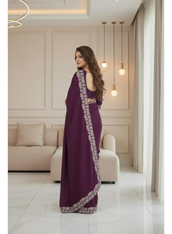 YASHIKA ساري ياشيكا النسائي المصنوع من الساتان الناعم مع قماش بلوزة غير مخيط. - Image 4