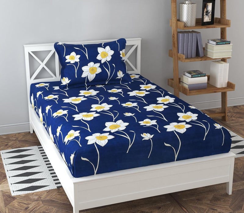 FRESH FROM LOOM Floral Microfiber Single Bedsheet for Single Bed | 1 Pillow Covers | Hypo-Allergenic Bedsheets/Bedcover Size 60x90 inch/Lilly Royal Blue, 144 TC - Image 1