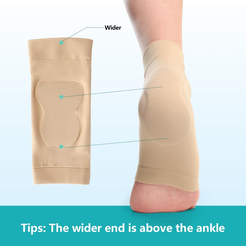 Promifun Achilles Tendon Heel Protector Compression Padded Sleeve Socks Premium Gel Heel Socks for Haglunds Bump  Bursitis  Tendonitis & Tenderness - 1 Pair - (Beige) - L - Image 4