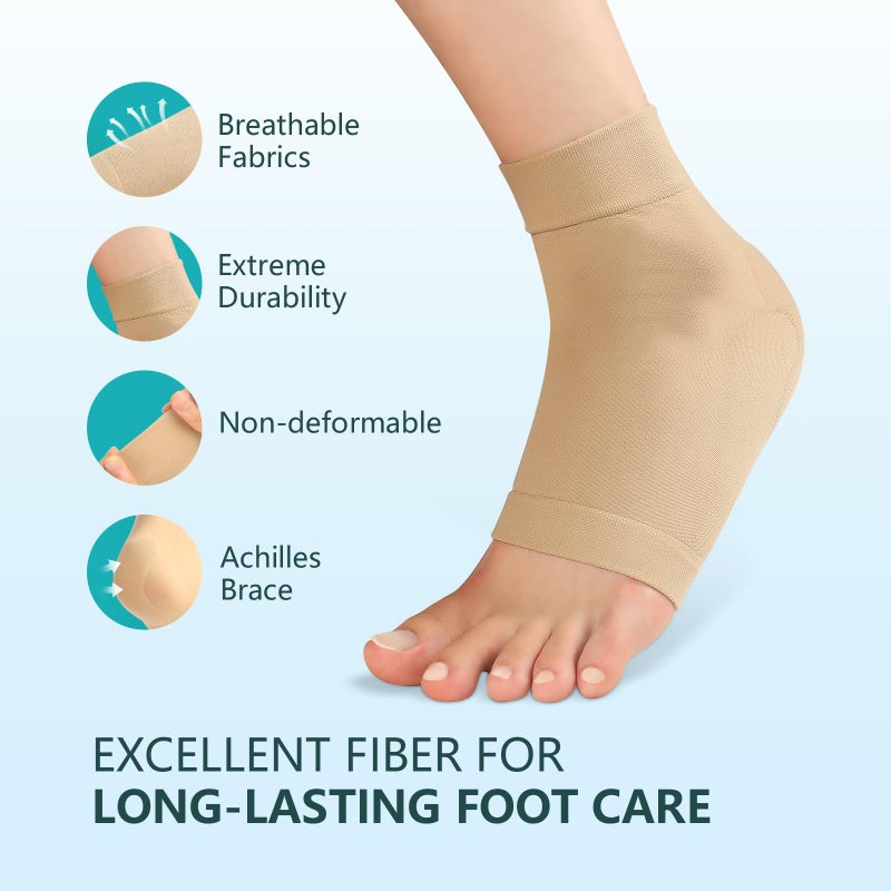 Promifun Achilles Tendon Heel Protector Compression Padded Sleeve Socks Premium Gel Heel Socks for Haglunds Bump  Bursitis  Tendonitis & Tenderness - 1 Pair - (Beige) - L - Image 2