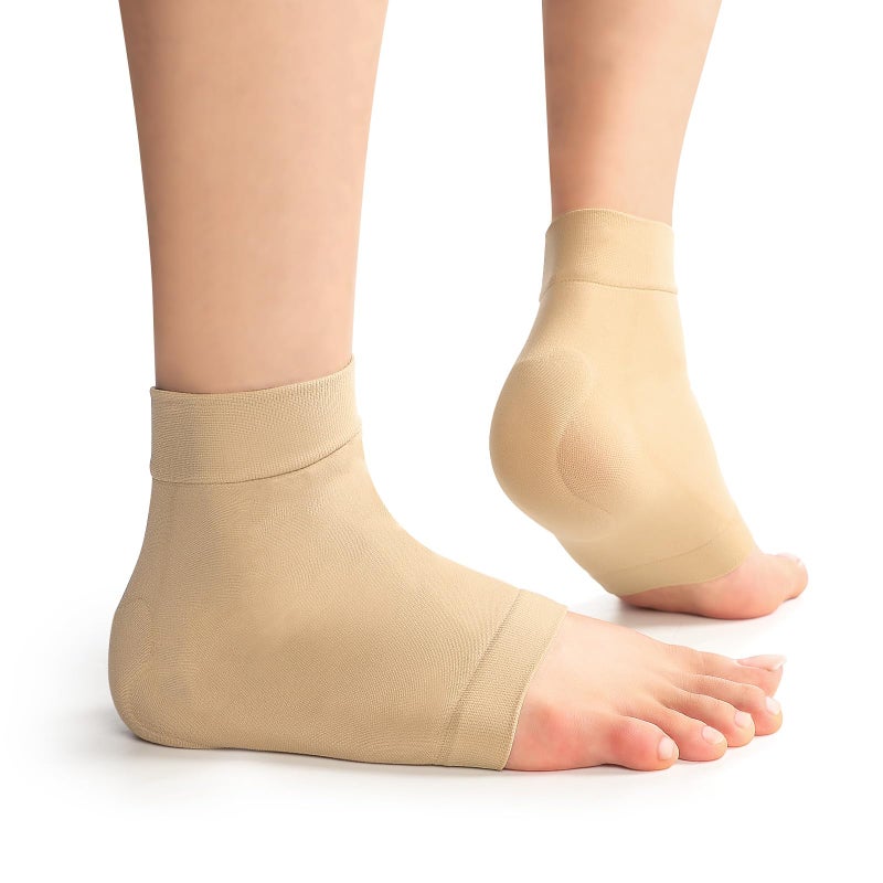 Promifun Achilles Tendon Heel Protector Compression Padded Sleeve Socks Premium Gel Heel Socks for Haglunds Bump  Bursitis  Tendonitis & Tenderness - 1 Pair - (Beige) - L - Image 1