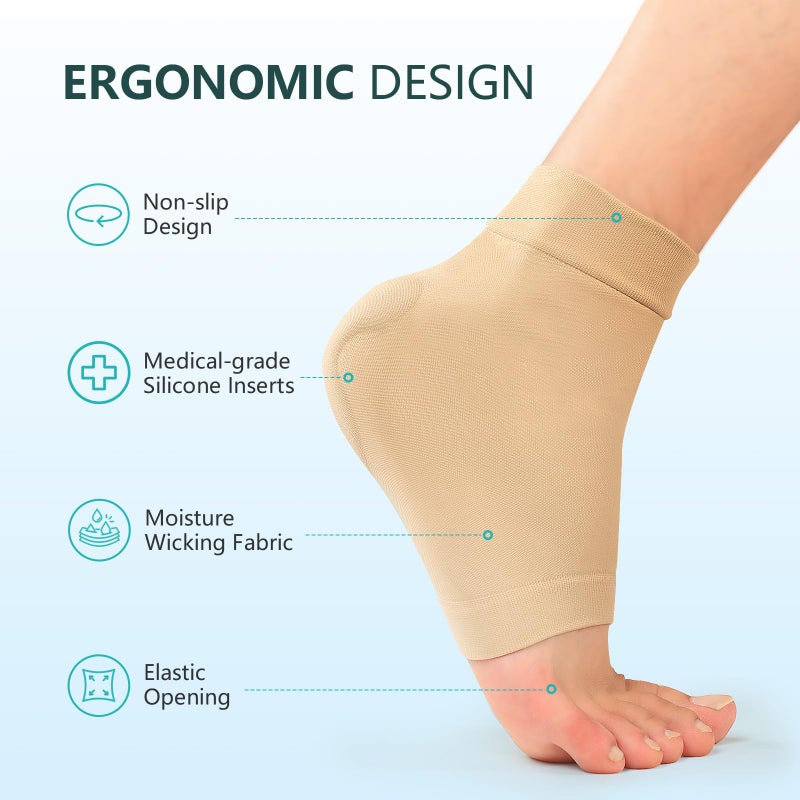 Promifun Achilles Tendon Heel Protector Compression Padded Sleeve Socks Premium Gel Heel Socks for Haglunds Bump  Bursitis  Tendonitis & Tenderness - 1 Pair - (Beige) - L - Image 3