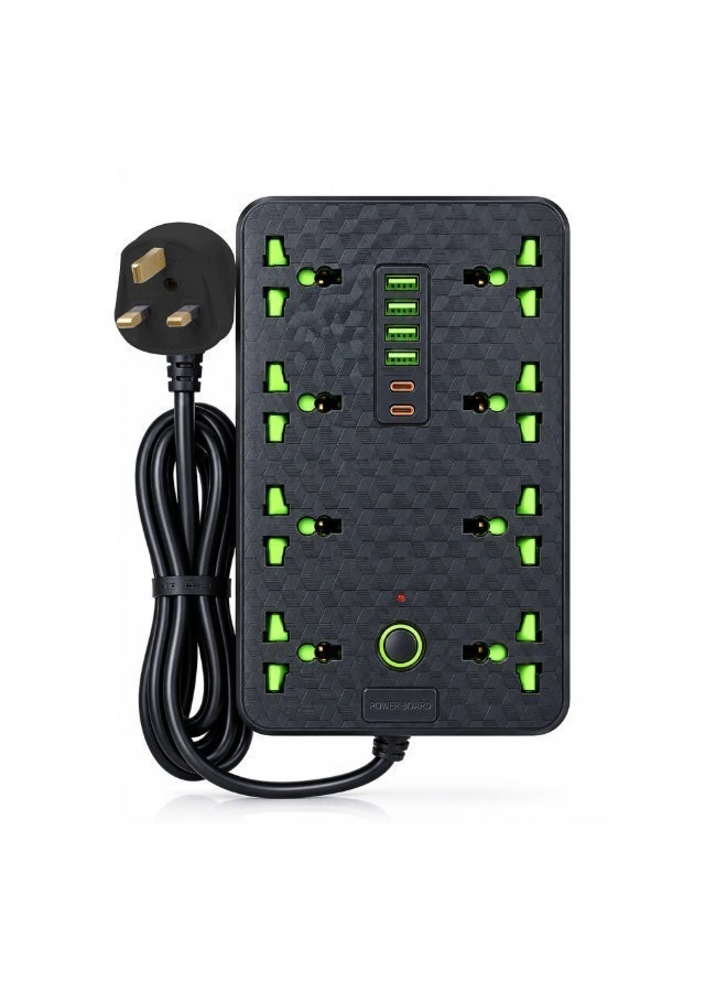 لوحة تمديد كهربائي HG DUE بـ 8 مقابس مع 4 منافذ USB + 2 منفذ Type-C للشحن السريع، سلك 3 متر، قدرة 2500 واط، حماية من الحمل الزائد وقفل أمان للأطفال - Image 2