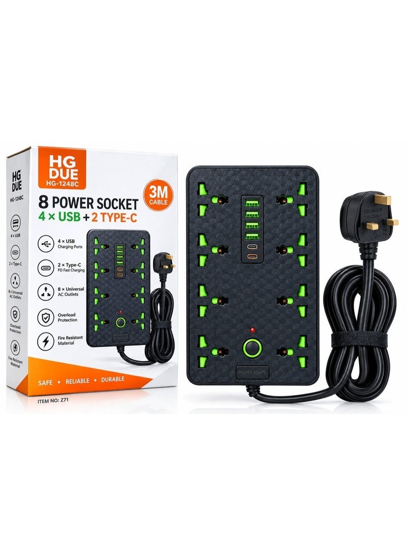 لوحة تمديد كهربائي HG DUE بـ 8 مقابس مع 4 منافذ USB + 2 منفذ Type-C للشحن السريع، سلك 3 متر، قدرة 2500 واط، حماية من الحمل الزائد وقفل أمان للأطفال - Image 1