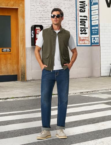 TBMPOY Men's Lightweight Vest Cotton Stylish Sleeveless Travel Casual Work Canvas Outerwear Utility Jacket Fishing Hiking Army Green L - Image 3