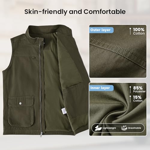 TBMPOY Men's Lightweight Vest Cotton Stylish Sleeveless Travel Casual Work Canvas Outerwear Utility Jacket Fishing Hiking Army Green L - Image 5