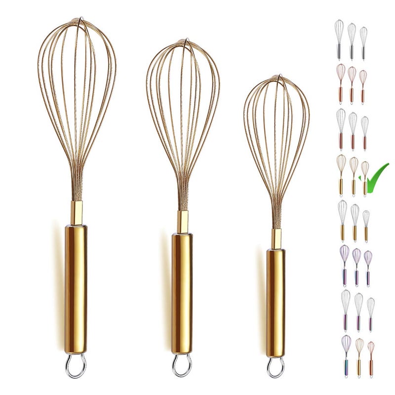 Berglander Gold Whisk Pack of 3 Stainless Steel 81012 Titianium Plating Whisks for Cooking BeaterWire Whisk Set Kitchen Wisk Gold