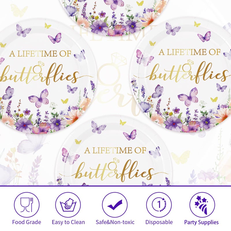 Grencian 50Pcs Butterfly Bridal Shower Party Supplies Butterfly Paper Plates 9"" Disposable Spring Watercolor Floral Dessert Platters A Lifetime of Butterflies Party Decorations for Wedding Engagement Party  - Image 3