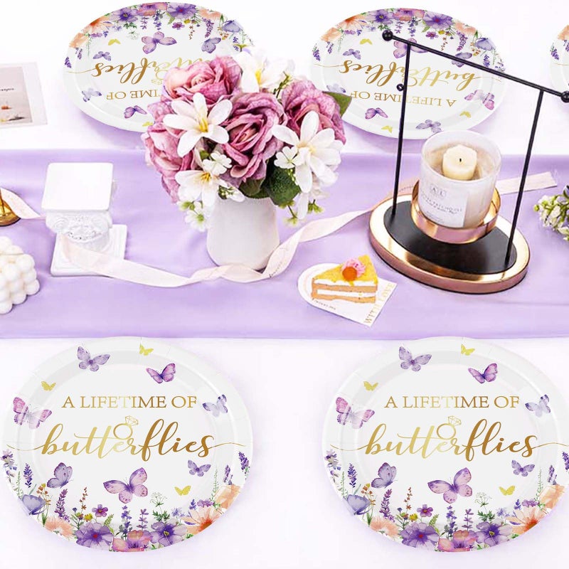 Grencian 50Pcs Butterfly Bridal Shower Party Supplies Butterfly Paper Plates 9"" Disposable Spring Watercolor Floral Dessert Platters A Lifetime of Butterflies Party Decorations for Wedding Engagement Party  - Image 5