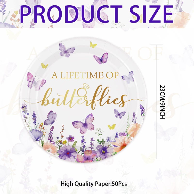 Grencian 50Pcs Butterfly Bridal Shower Party Supplies Butterfly Paper Plates 9"" Disposable Spring Watercolor Floral Dessert Platters A Lifetime of Butterflies Party Decorations for Wedding Engagement Party  - Image 2