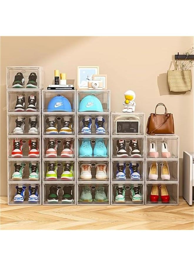 HOOKOR Durku 6 Pack Clear Shoe Storage Organizer with Magnetic Door, Stackable Boxes for Closet, Foldable Space-Saving Shoe Rack for Sneaker Boot Container, Plastic Shoe Box (White clear)  - Image 3