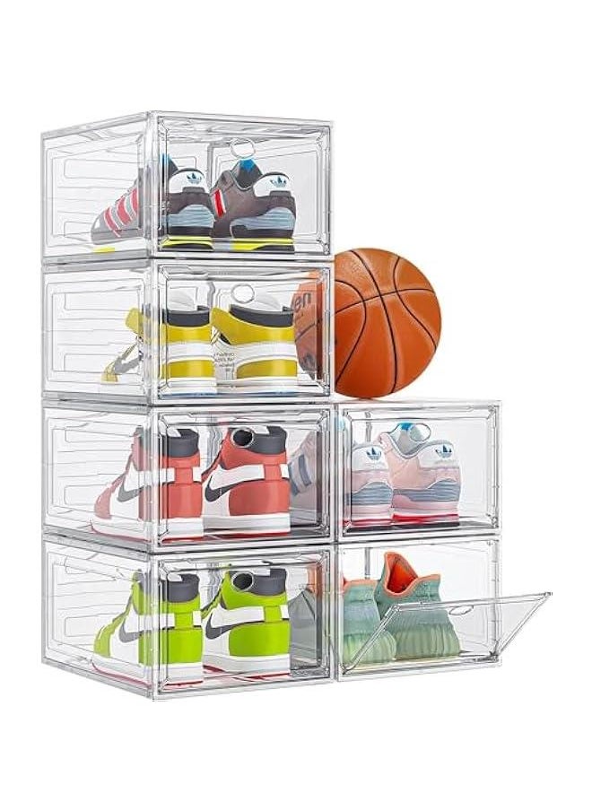 HOOKOR Durku 6 Pack Clear Shoe Storage Organizer with Magnetic Door, Stackable Boxes for Closet, Foldable Space-Saving Shoe Rack for Sneaker Boot Container, Plastic Shoe Box (White clear)  - Image 1