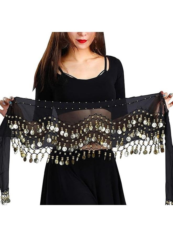 Generic Imported Belly Dance Wrap Belt Skirt Black With Gold Coins Suitable For 8+ Years One Size for Performance Costume(Black)  - Image 1