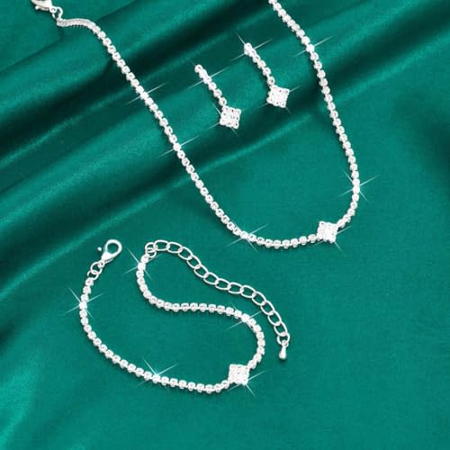 Unicra Silver Bridal Wedding Jewelry Set Sparkly Rhinestone Necklace Earrings Bracelet Sets Formal Costume Jewelry for Women and Brides (A Silver-3 Pack Necklace Bracelet Earrings) - Image 3