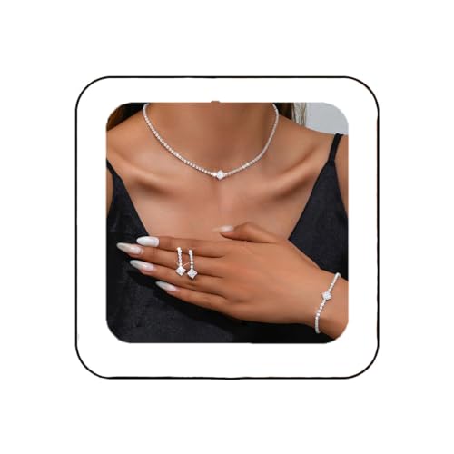 Unicra Silver Bridal Wedding Jewelry Set Sparkly Rhinestone Necklace Earrings Bracelet Sets Formal Costume Jewelry for Women and Brides (A Silver-3 Pack Necklace Bracelet Earrings) - Image 1