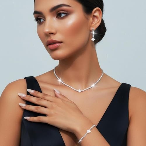 Unicra Silver Bridal Wedding Jewelry Set Sparkly Rhinestone Necklace Earrings Bracelet Sets Formal Costume Jewelry for Women and Brides (A Silver-3 Pack Necklace Bracelet Earrings) - Image 2