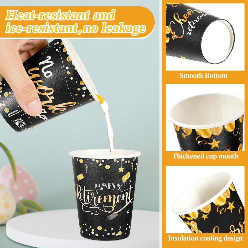 Rtteri أكواب ورقية قابلة للتصرف لحفلة التقاعد السعيدة 100 قطعة سعة 9 أونصات أكواب قهوة قابلة للتصرف زينة إمدادات باللونين الأسود والذهبي أكواب ساخنة وباردة بالجملة - Image 3