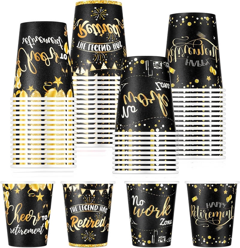 Rtteri أكواب ورقية قابلة للتصرف لحفلة التقاعد السعيدة 100 قطعة سعة 9 أونصات أكواب قهوة قابلة للتصرف زينة إمدادات باللونين الأسود والذهبي أكواب ساخنة وباردة بالجملة - Image 1
