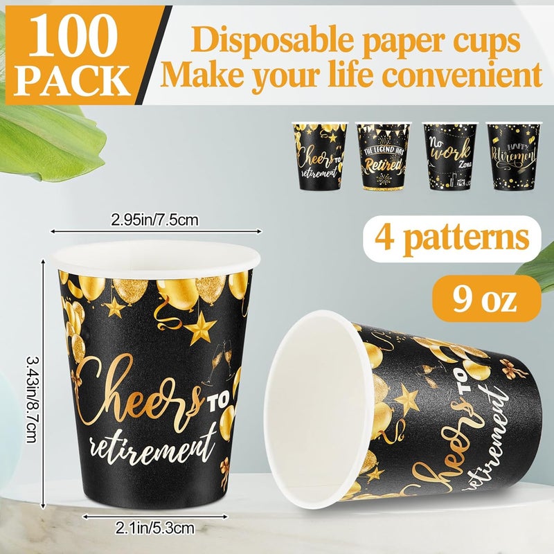 Rtteri أكواب ورقية قابلة للتصرف لحفلة التقاعد السعيدة 100 قطعة سعة 9 أونصات أكواب قهوة قابلة للتصرف زينة إمدادات باللونين الأسود والذهبي أكواب ساخنة وباردة بالجملة - Image 2