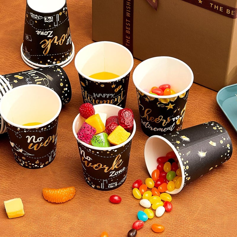 Rtteri أكواب ورقية قابلة للتصرف لحفلة التقاعد السعيدة 100 قطعة سعة 9 أونصات أكواب قهوة قابلة للتصرف زينة إمدادات باللونين الأسود والذهبي أكواب ساخنة وباردة بالجملة - Image 4