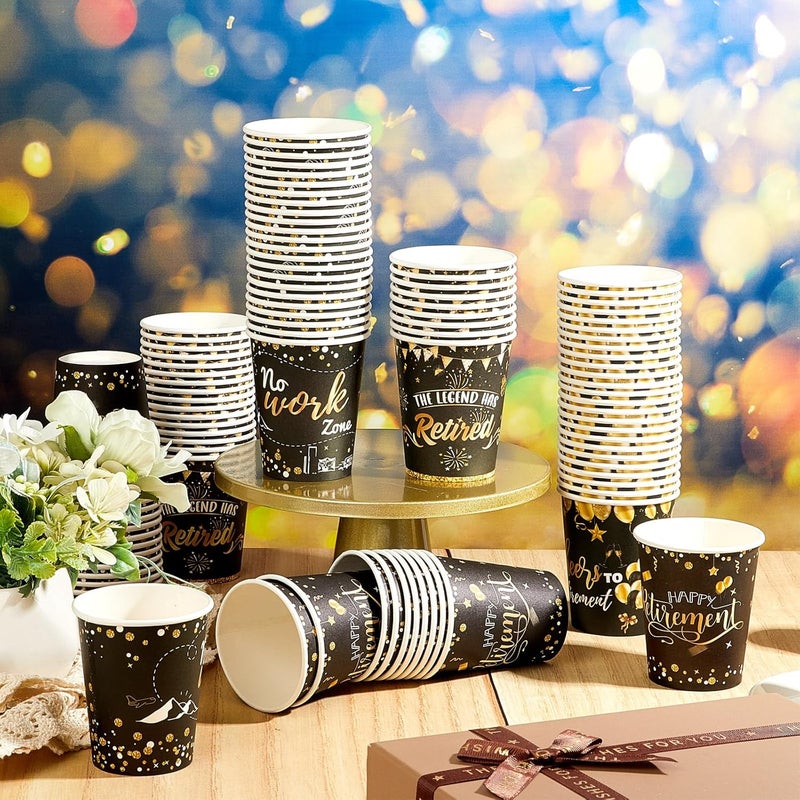 Rtteri أكواب ورقية قابلة للتصرف لحفلة التقاعد السعيدة 100 قطعة سعة 9 أونصات أكواب قهوة قابلة للتصرف زينة إمدادات باللونين الأسود والذهبي أكواب ساخنة وباردة بالجملة - Image 5