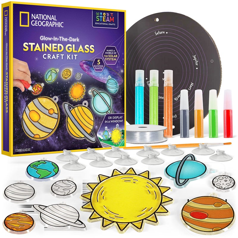Blue Marble National Geographic Kids Window Art Kit - Stained Glass Solar System Arts & Crafts Kit with Glow in The Dark Planets, Use as Window Suncatchers, Hanging Decor from Ceiling, Mobile, Space Room Decor - Image 1