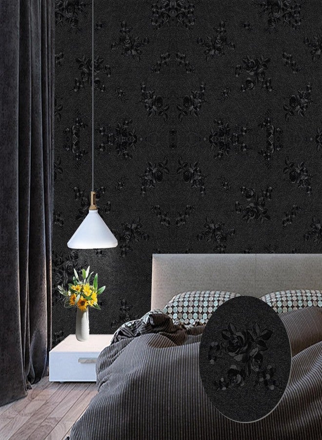 Apdidl Black Wallpaper Peel and Stick for Kitchen and Cabinets, Black Flower Textured Contact Paper for Drawers 118"X17.7", Removable Self Adhesive Waterproof Modern Wall Paper for Bathroom Walls - Image 3