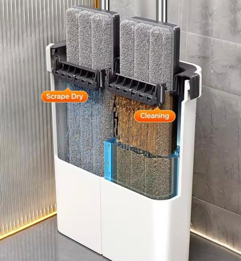 SYSVENT The Future ممسحة مسطحة مع دلو | 5 قطع قماش ميكروفايبر قابلة لإعادة الاستخدام | نظام تنظيف الأرضيات بدون استخدام اليدين | ممسحة رطبة وجافة مع دوران 360° | تصميم موفر للمساحة | مجموعة ممسحة منزلية - Image 3