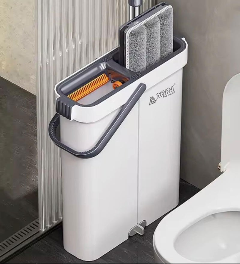 SYSVENT The Future ممسحة مسطحة مع دلو | 5 قطع قماش ميكروفايبر قابلة لإعادة الاستخدام | نظام تنظيف الأرضيات بدون استخدام اليدين | ممسحة رطبة وجافة مع دوران 360° | تصميم موفر للمساحة | مجموعة ممسحة منزلية - Image 1