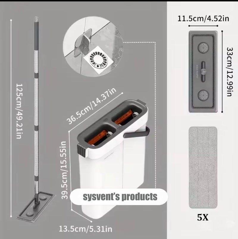 SYSVENT The Future ممسحة مسطحة مع دلو | 5 قطع قماش ميكروفايبر قابلة لإعادة الاستخدام | نظام تنظيف الأرضيات بدون استخدام اليدين | ممسحة رطبة وجافة مع دوران 360° | تصميم موفر للمساحة | مجموعة ممسحة منزلية - Image 4