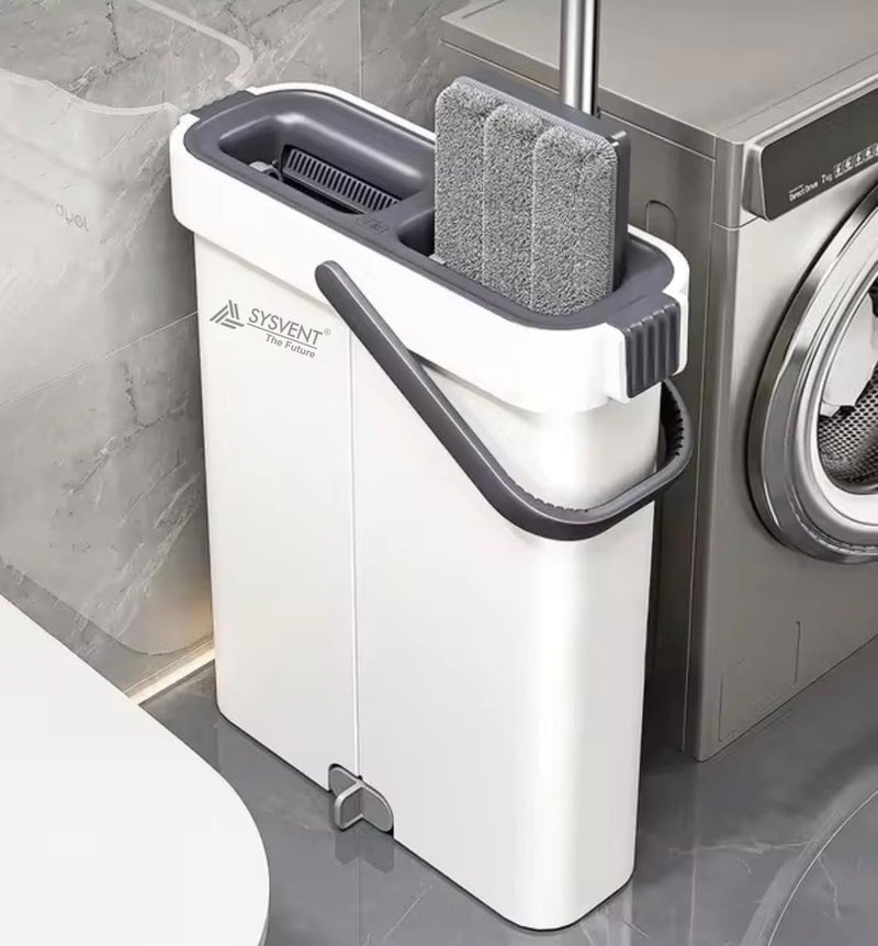 SYSVENT The Future ممسحة مسطحة مع دلو | 5 قطع قماش ميكروفايبر قابلة لإعادة الاستخدام | نظام تنظيف الأرضيات بدون استخدام اليدين | ممسحة رطبة وجافة مع دوران 360° | تصميم موفر للمساحة | مجموعة ممسحة منزلية - Image 2