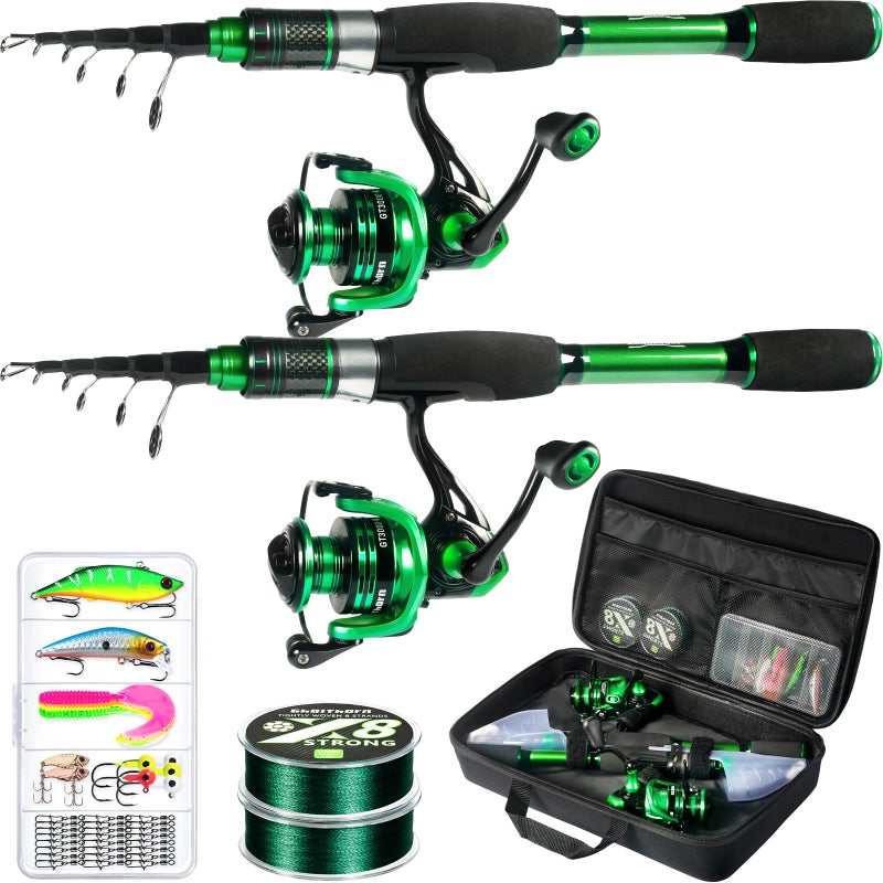 Ghosthorn Fishing Rod and Reel Combo 2 Pack Graphite Telescoping Fishing Pole Portable Travel Kit with Carrier Bag for Freshwater Saltwater - Image 1