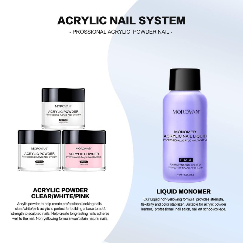 Morovan Acrylic Nail Kit: Clear Pink White Powder and Professional Liquid Set for Nail Extension - DIY at Home With Brush for Beginners - Image 5