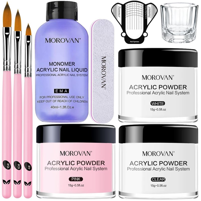 Morovan Acrylic Nail Kit: Clear Pink White Powder and Professional Liquid Set for Nail Extension - DIY at Home With Brush for Beginners - Image 1