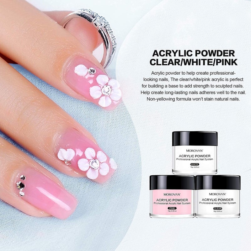 Morovan Acrylic Nail Kit: Clear Pink White Powder and Professional Liquid Set for Nail Extension - DIY at Home With Brush for Beginners - Image 3