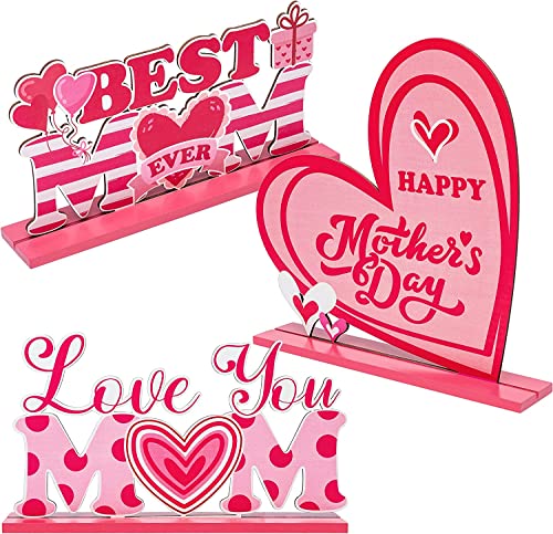 Haooryx Mothers Day Wooden Centerpieces Table Decoration 3Pcs Happy Mothers Day Table Topper Sign Wood Craft Center Piece Decor for Mothers Day Party Birthday Gift Dinner Coffee Table Home Decor - Image 1