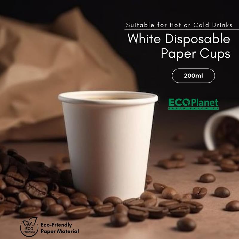 ECOPlanet Disposable Paper Cups [200ml, 100 Count]| Eco-Friendly, Biodegradable & Leak-Resistant | Use & Throw Party Glasses | Suitable for Tea, Coffee & More | White | GSM 195 - Image 4