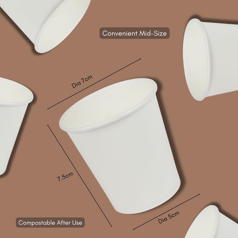 ECOPlanet Disposable Paper Cups [200ml, 100 Count]| Eco-Friendly, Biodegradable & Leak-Resistant | Use & Throw Party Glasses | Suitable for Tea, Coffee & More | White | GSM 195 - Image 5