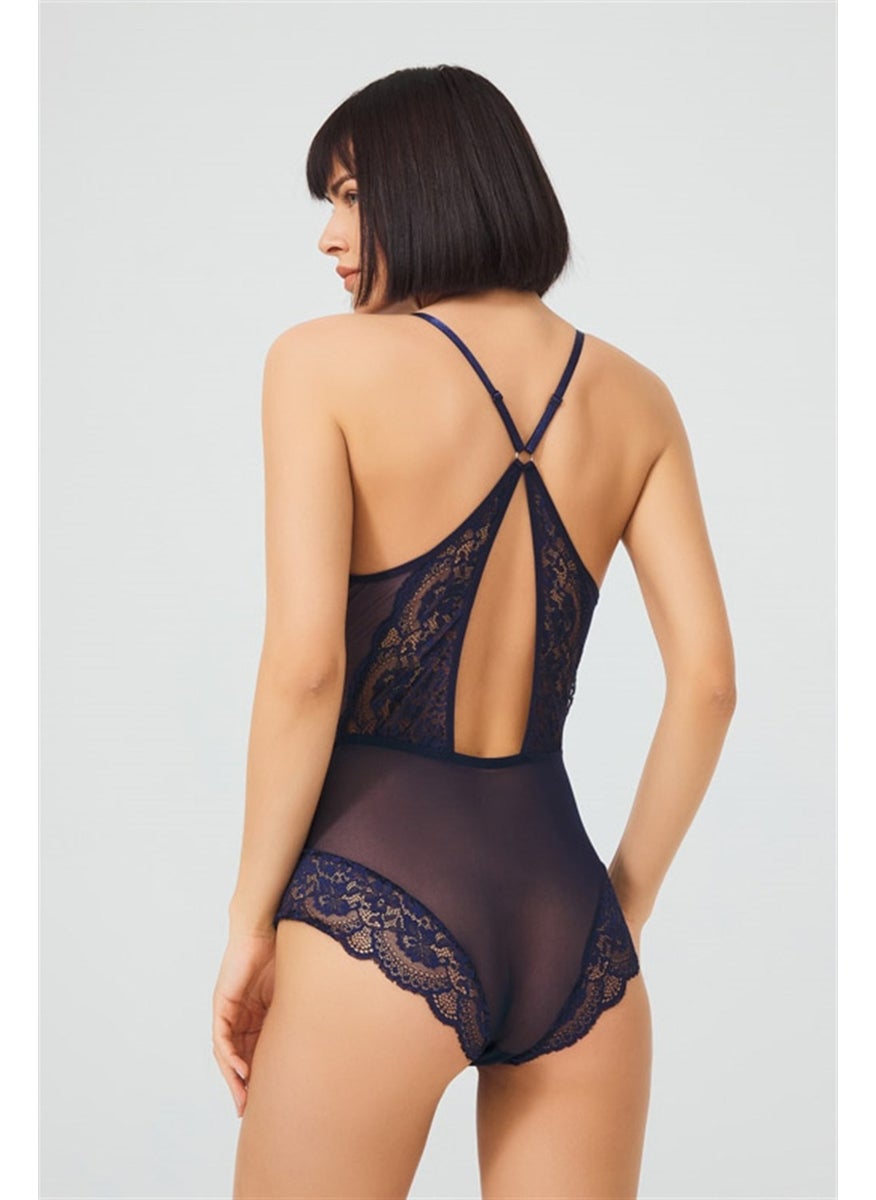 COTTONHILL - Navy Blue Snap Fastener Lace Transparent Back Cross String Bodysuit - Image 1
