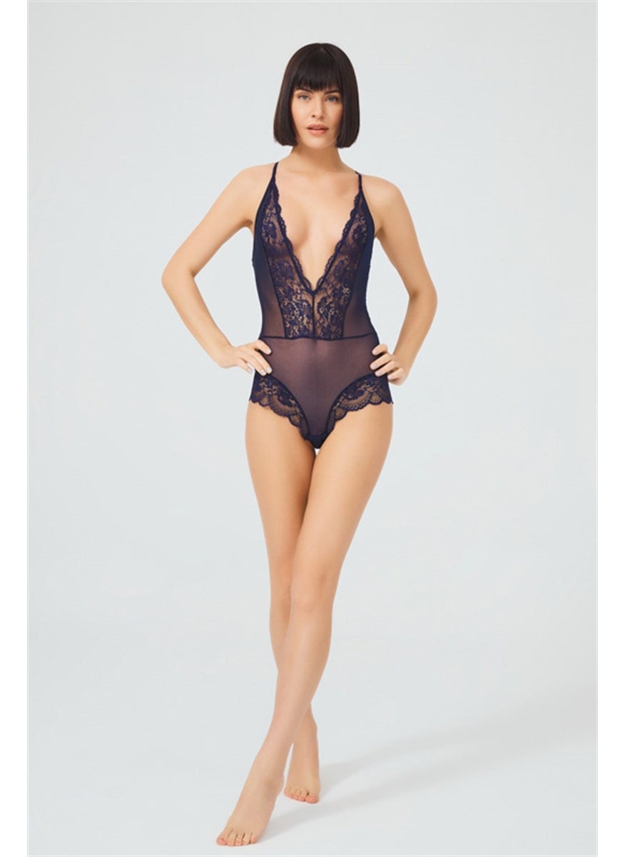 COTTONHILL - Navy Blue Snap Fastener Lace Transparent Back Cross String Bodysuit - Image 1