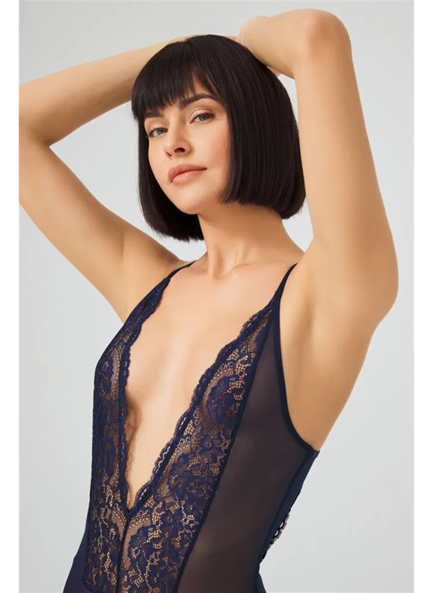 كوتن هيل Navy Blue Snap Fastener Lace Transparent Back Cross String Bodysuit