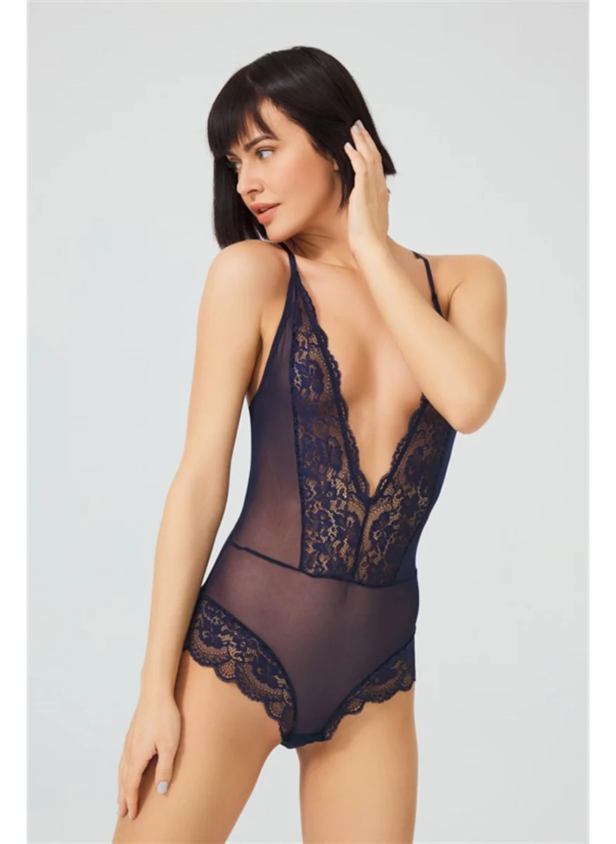 كوتن هيل Navy Blue Snap Fastener Lace Transparent Back Cross String Bodysuit