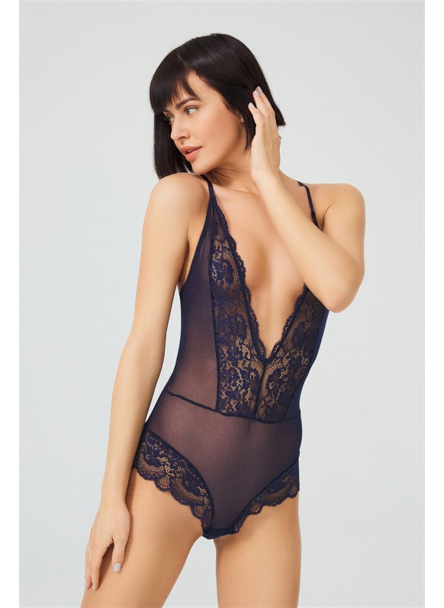 COTTONHILL - Navy Blue Snap Fastener Lace Transparent Back Cross String Bodysuit - Image 1
