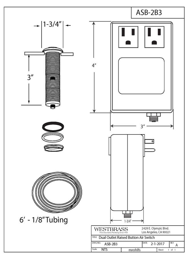 Westbrass RASB-2B3-05 Sink Top Waste Disposal Air Switch and Dual Outlet Control Box, Flush Button, Polished Nickel - Image 2